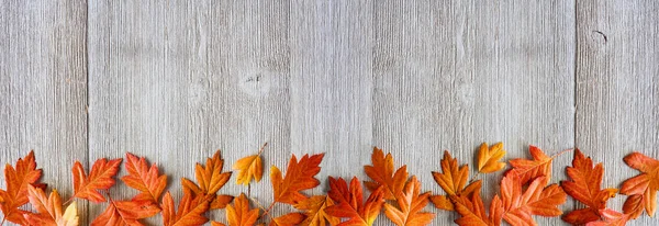 Herbstblätter Umranden Einen Rustikalen Grauen Holzbanner Hintergrund Draufsicht Mit Kopierraum — Stockfoto