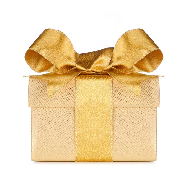 Golden Gift Box Wrapped Shiny Gold Ribbon Bow Isolated White — Stock Photo, Image