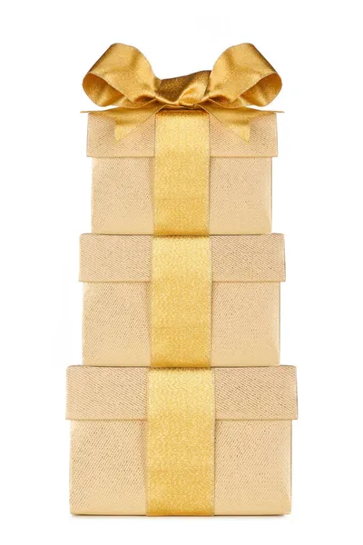 Stacked Gold Gift Boxes Wrapped Shiny Golden Ribbon Bow Isolated — Stock Photo, Image