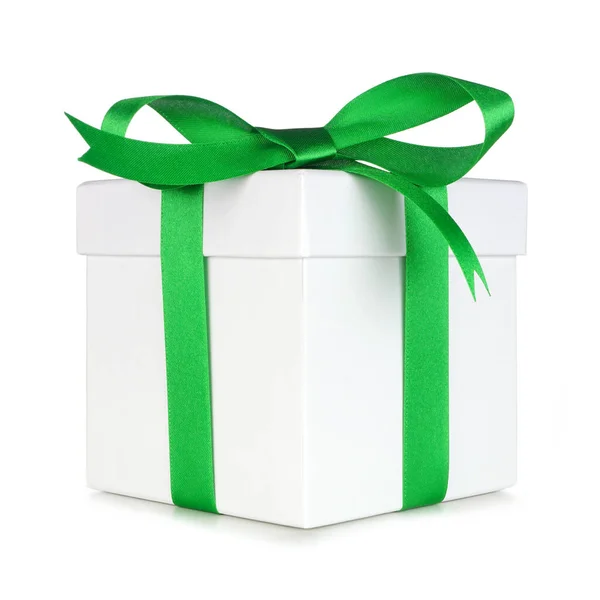 White Gift Box Wrapped Shiny Green Bow Ribbon Isolated White — Stock Photo, Image