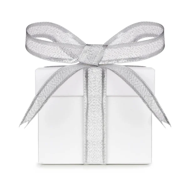 White Gift Box Wrapped Shiny Silver Bow Ribbon Isolated White — Stock Photo, Image