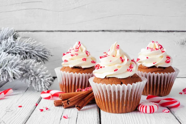 Christmas Peppermint Cupcakes Creamy Frosting Group Rustic White Wood Background — Stock Photo, Image