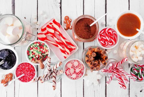 Christmas Hot Chocolate Buffet Selection Sweet Toppings Overhead View Table — Stock Photo, Image