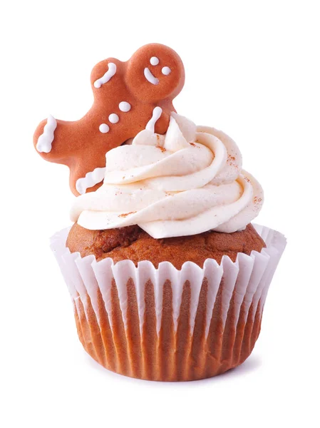 Urlaub Lebkuchen Cupcake Mit Cremig Gewürzten Zuckerguss Und Plätzchen Isoliert — Stockfoto