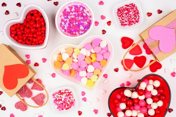 Valentines Day Table Scene Mixture Candies Overhead View White Background — Stockfoto