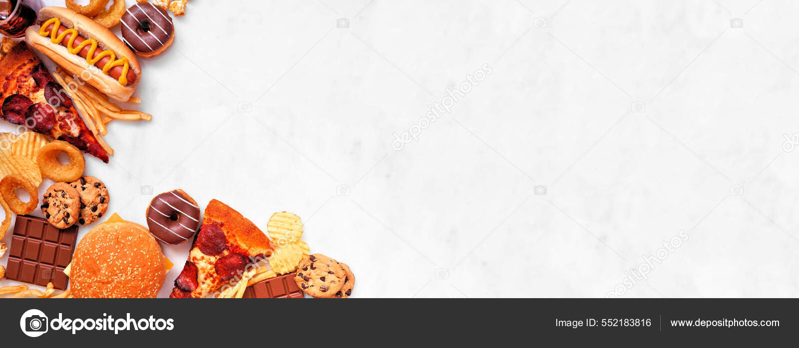 Junk Food Corner Border White Marble Banner Background Assorted Take