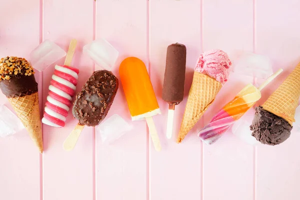 Assorted Chocolate Colorful Summer Frozen Treats View Scattered Pink Wood — Foto Stock