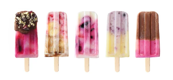 Five Assorted Fruit Popsicles Isolated White Background Chocolate Dipped Cherry — ストック写真