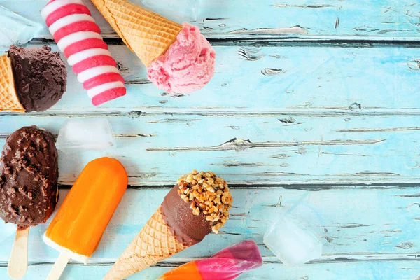 Various Chocolate Colorful Summer Frozen Desserts Overhead View Corner Border — Foto Stock