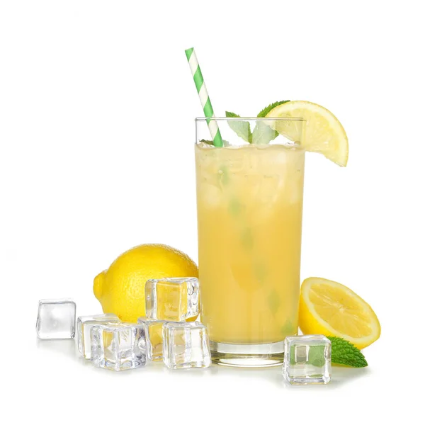 Glass Summer Iced Green Tea Lemonade Paper Straw Lemons Ice — Foto de Stock