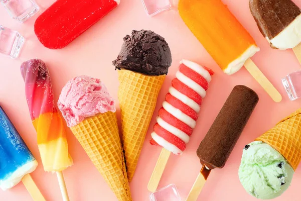 Chocolate Colorful Summer Frozen Desserts Table Scene Pink Background — 스톡 사진