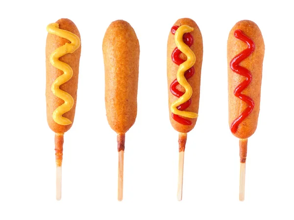 Four Corn Dogs Different Toppings Isolated White Background — ストック写真