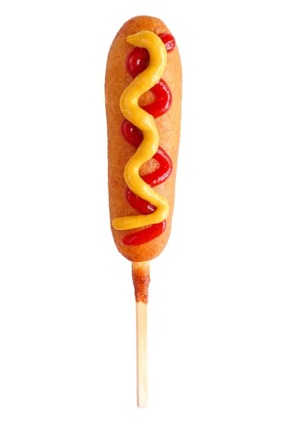 玉米狗与番茄酱和芥末外皮隔离在一个白色背景 — 图库照片