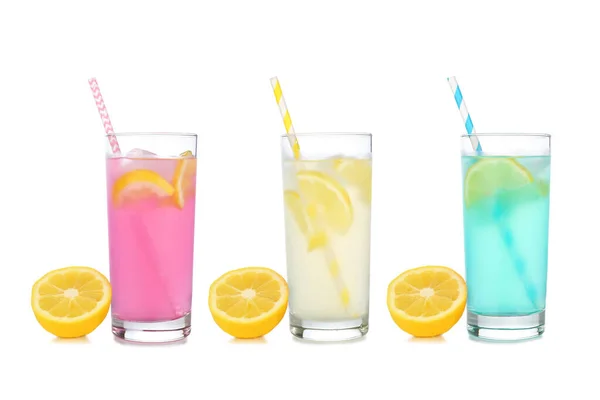 Zimne Kolorowe Letnie Napoje Lemoniadowe Różowe Żółte Niebieskie Kolory Wysokich — Zdjęcie stockowe