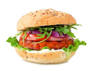 Plant based meatless burger of chickpeas and sweet potato on a whole grain bun isolated on a white background
