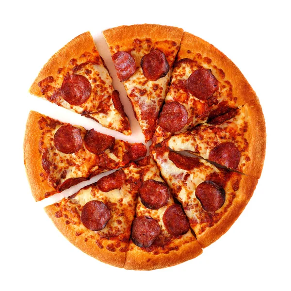 Classic Pepperoni Pizza Cut Slices Isolated White Background — 스톡 사진