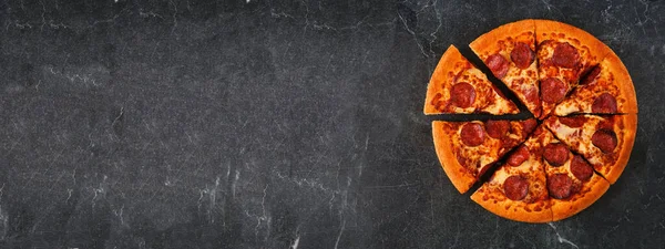 Traditional Pepperoni Pizza Cut Slices Top View White Marble Banner — Fotografia de Stock