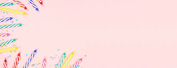 Colorful Birthday Cake Candles Candy Sprinkles Top View Banner Corner — Foto de Stock