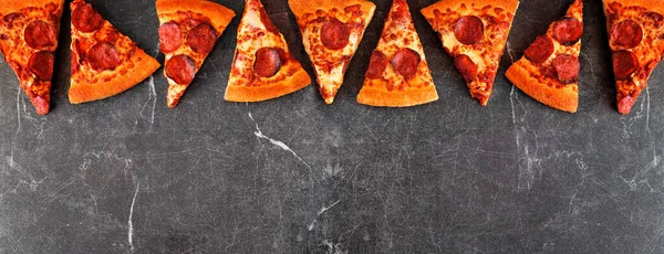 Pepperoni Pizza Slice Top Border Top View Dark Slate Banner — 스톡 사진