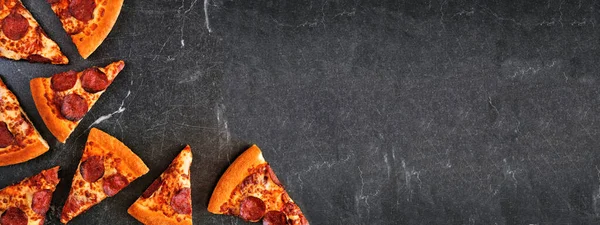 Pepperoni Pizza Slice Corner Border Top View Dark Slate Banner — Zdjęcie stockowe