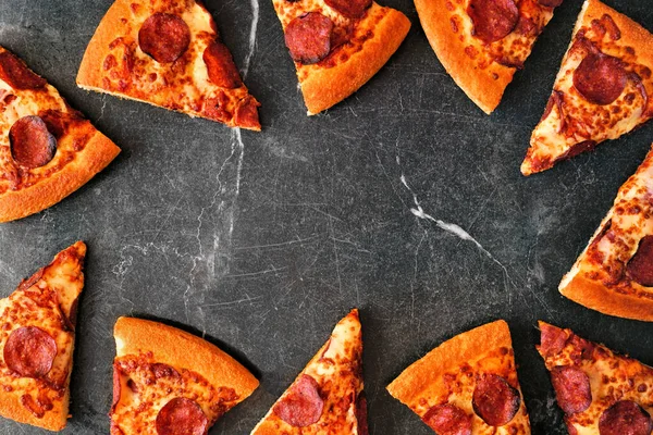 Pepperoni Pizza Slice Frame Top View Dark Slate Background Copy — Fotografie, imagine de stoc