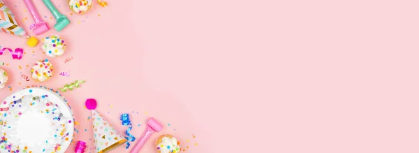 Birthday Party Corner Border Pastel Pink Banner Background Overhead View — 图库照片