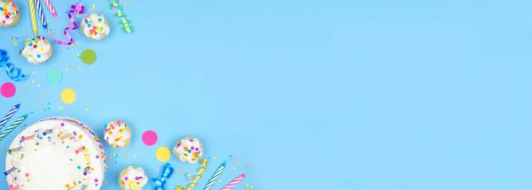 Birthday Party Corner Border Blue Banner Background Top View Cakes — 图库照片