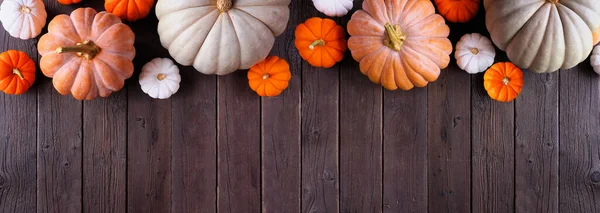 Podzim Horní Okraj Dýně Různých Velikostí Barev Přes Rustikální Tmavé — Stock fotografie