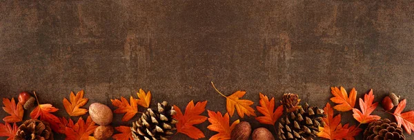 Bunte Herbstblätter Nüsse Und Tannenzapfen Untere Kante Über Rustikalem Dunklem — Stockfoto