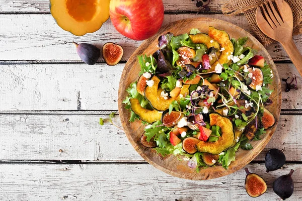 Fall Salad Roasted Squash Apples Figs Feta Cheese Wooden Plate — Stock Photo, Image