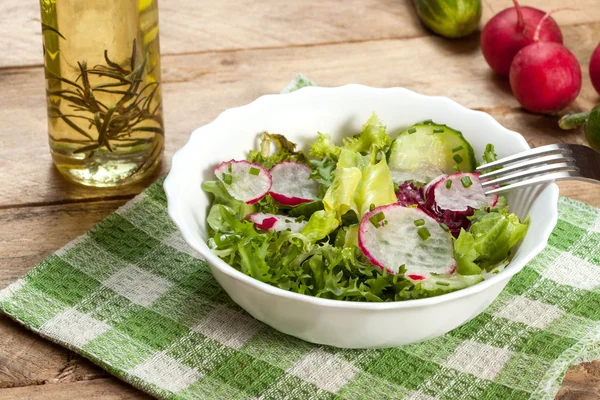 Salade met radijs en groen komkommer — Stockfoto
