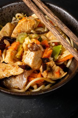 Tavuk ve sebzeli kızarmış erişte. Tavuk chow mein.