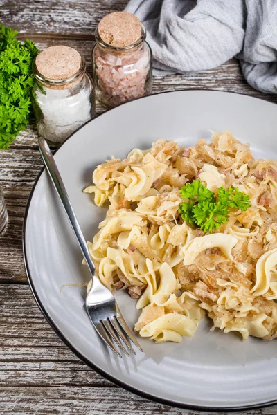 Pasta Con Crauti Pancetta Focus Selettivo — Foto Stock