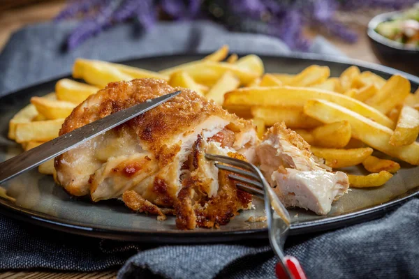 Fried Chicken Breast Stuffed Bacon Cheese Served Chips Salad Small — Stock Photo, Image