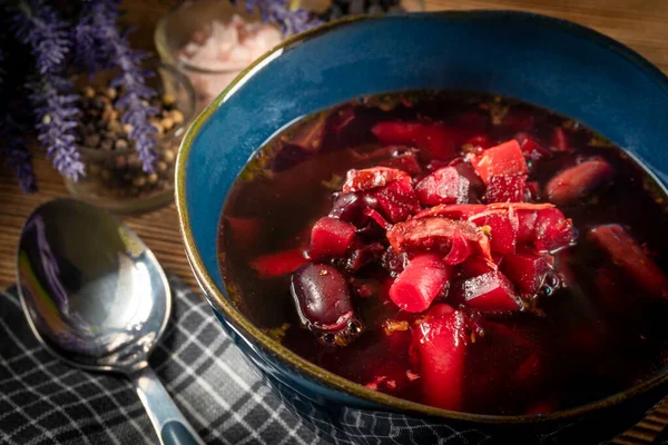 Ukrán Leves Borscht Zöldségekkel Hússal — Stock Fotó