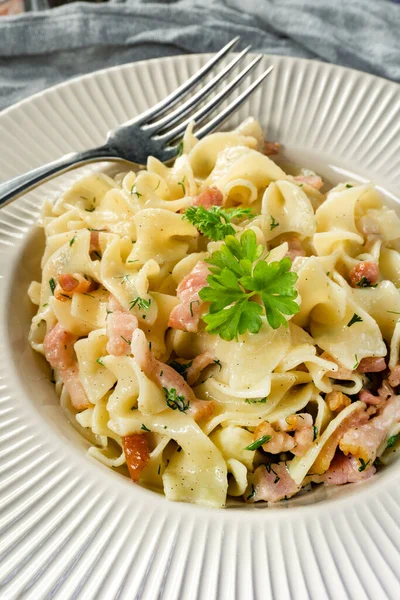 Pasta Carbonare Sauce Deep Plate — Stock Photo, Image