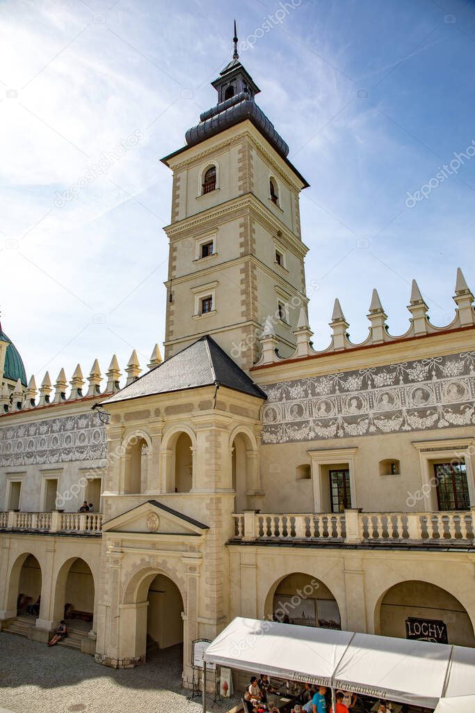 KRASICZYN, POLAND - SEPTEMBER 11, 2021: Krasiczyn Castle - renaissance palace. Has richly sculpted portals, loggias, arcades and unique sgraffito wall decoration.