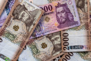 KATOWICE, POLAND- HAZİRAN 01, 2022 Macaristan Ulusal Para Birimi. 2000 ve 10000 forint banknot.