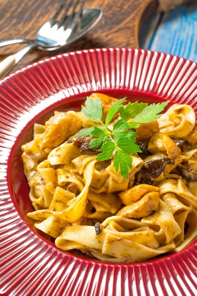 Tagliatelle Pasta Chicken Boletus Mushrooms Plate — Stock Photo, Image