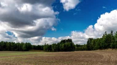 Gökyüzünde hareket eden bulutlar Podlasie ormanları, tarlaları ve çayırları arasında.