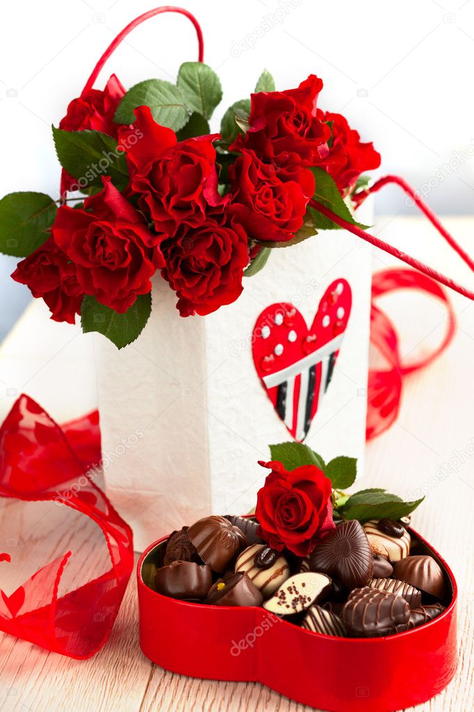 Roses and chocolate candies for Valentine
