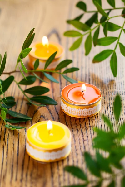 Candles and green leaves — Stock Photo, Image