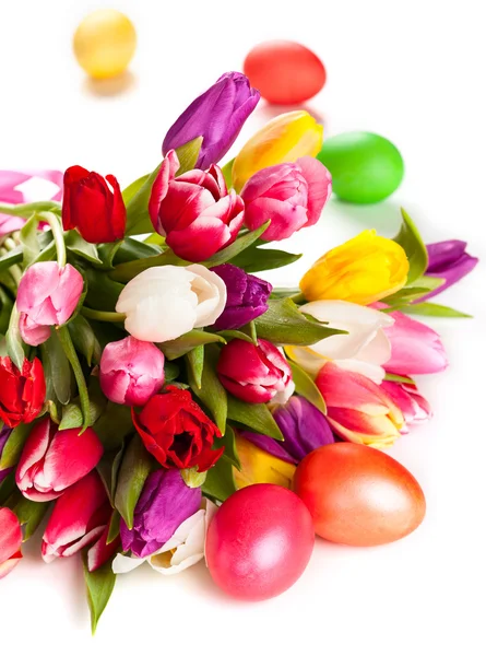 Spring tulips and easter eggs — Stock Photo, Image