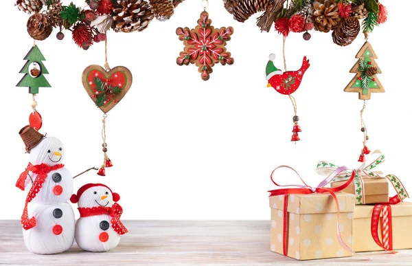 Conceito Festivo Inverno Com Boneco Neve Artesanal Decoração Natal Ano — Fotografia de Stock