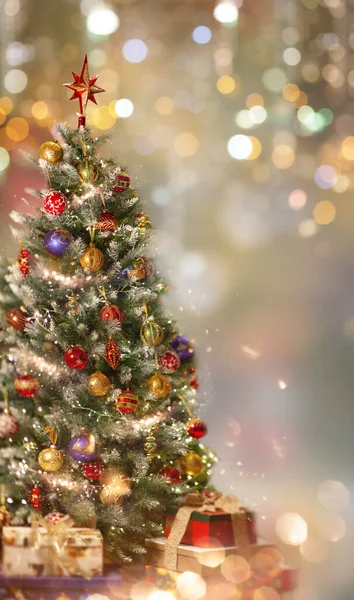 Christmas Tree Ornaments Festive Gift Boxes Celebration Decoration Winter Holiday — Stock Photo, Image