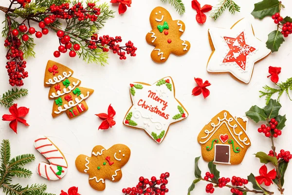 Fond Noël Avec Des Biscuits Pain Épice Des Branches Houx — Photo