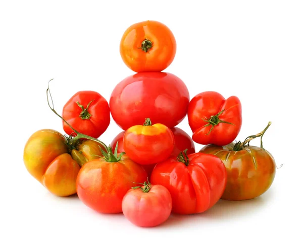 在白色背景上的不同新鲜番茄 — 图库照片