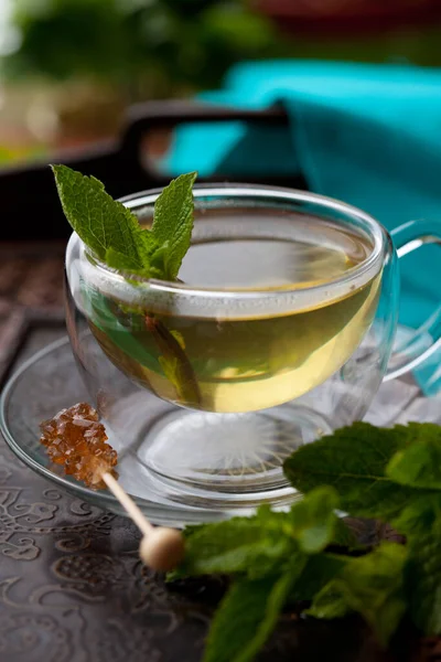 Cup Tea Mint Leaves Sugar Stir Stick — Stock Photo, Image