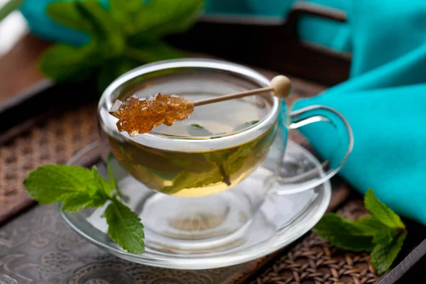 Taza Con Hojas Menta Azúcar Agitar Palo — Foto de Stock