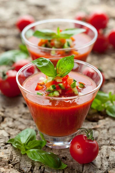 Délicieuse Soupe Gazpacho Froide Dans Des Verres — Photo